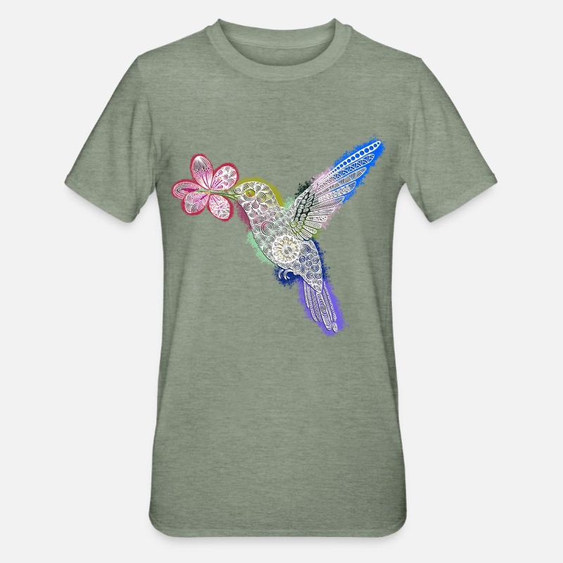 Colibri Zentangle avec fleur - T-shirt polycoton Unisexe - vert kaki chiné