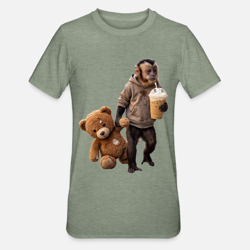 Affe Teddybär Eiskaffee Motiv - Unisex Polycotton T-Shirt - Militärgrün meliert