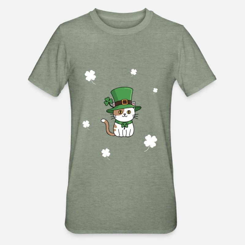 St Patrick's Day Cat - Unisex Polycotton T-Shirt - heather military green