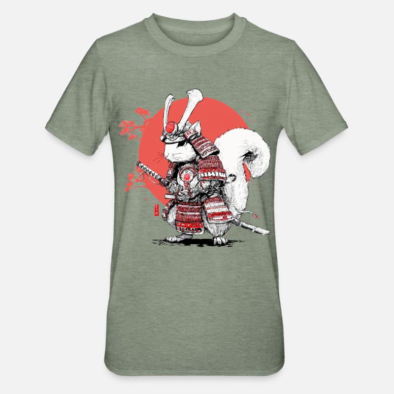 Squirrel Samurai in Red Circle - Unisex Polycotton T-Shirt - heather military green
