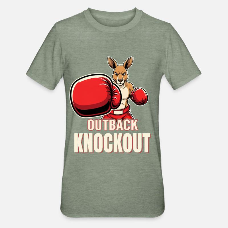 Outback Knockout Cartoon Kangaroo Boxer - Unisex Polycotton T-Shirt - heather military green