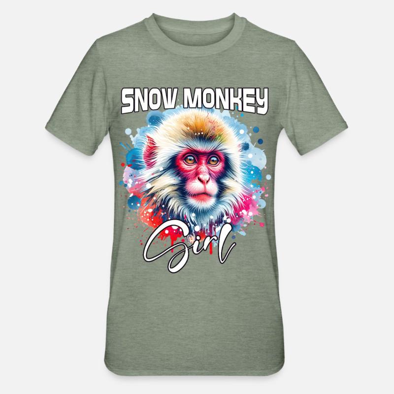 Snow Monkey Mädchen Schneeaffe - Unisex Polycotton T-Shirt - Militärgrün meliert