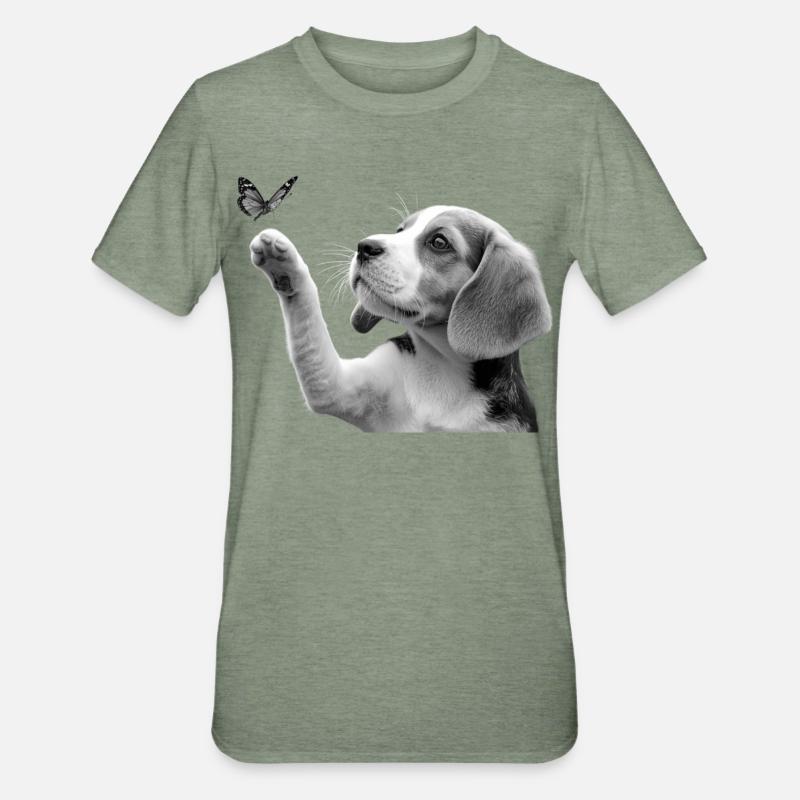 Chiot beagle et papillon - T-shirt polycoton Unisexe - vert kaki chiné