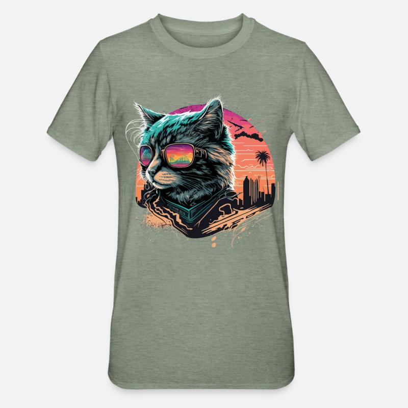 Chat de style synthwave - T-shirt polycoton Unisexe - vert kaki chiné