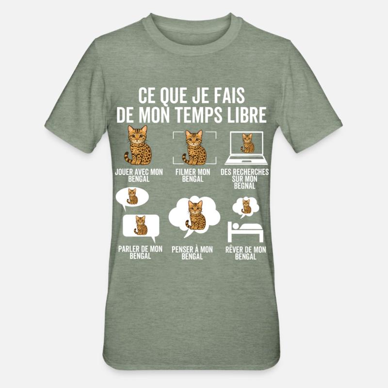 Ce que je fais de mon temps libre – Chat Bengal - T-shirt polycoton Unisexe - vert kaki chiné