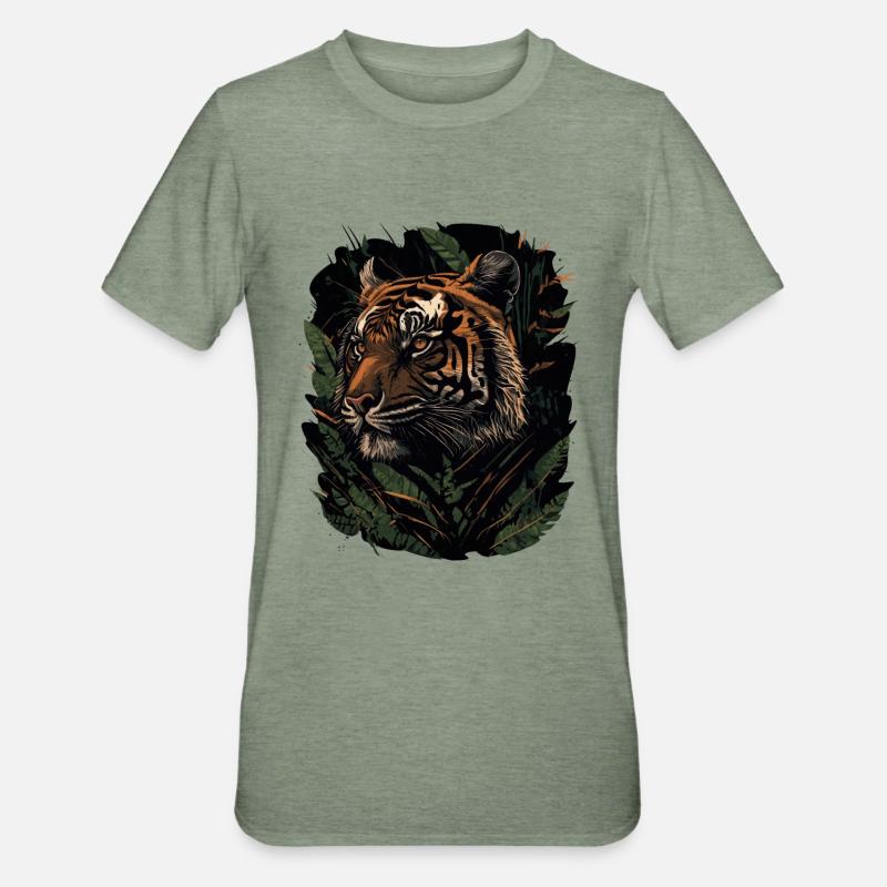 Tigre tapi dans la jungle - T-shirt polycoton Unisexe - vert kaki chiné