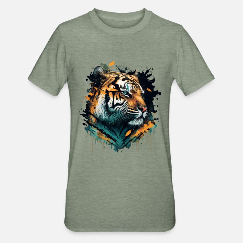 Tiger mit fallenden Blättern - Unisex Polycotton T-Shirt - Militärgrün meliert
