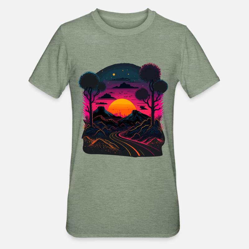 Illustration Synthwave - T-shirt polycoton Unisexe - vert kaki chiné