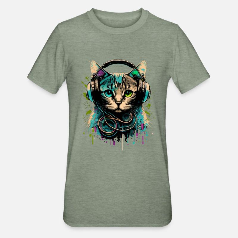Chat avec casque - T-shirt polycoton Unisexe - vert kaki chiné
