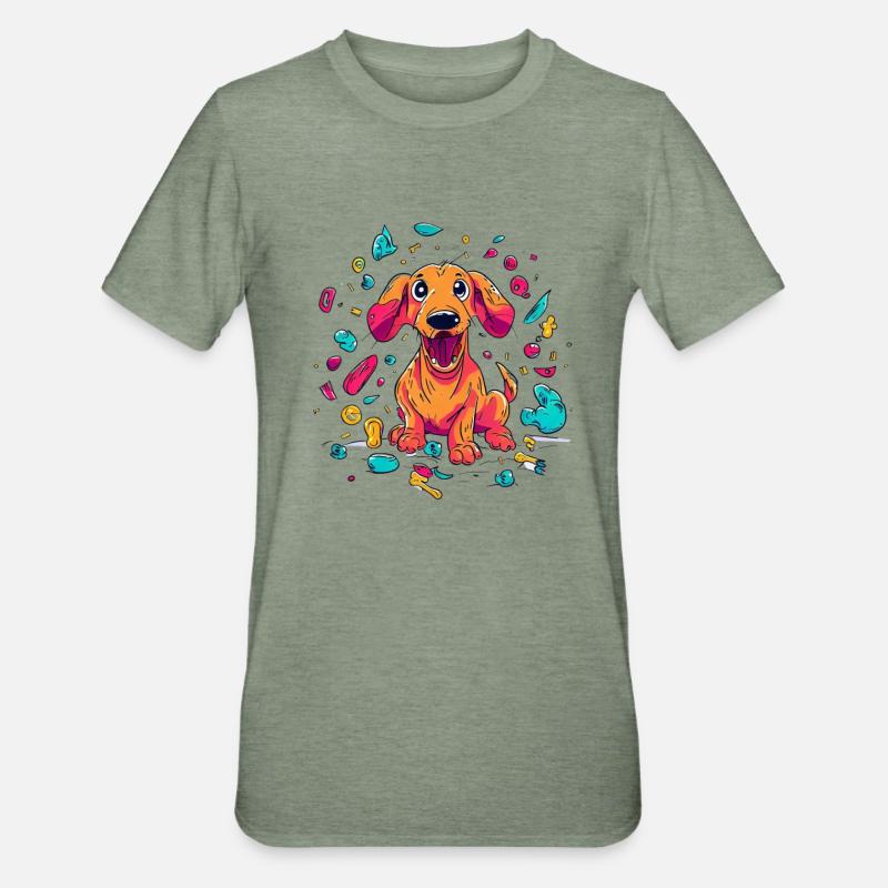 Méfait espiègle du chiot teckel - T-shirt polycoton Unisexe - vert kaki chiné