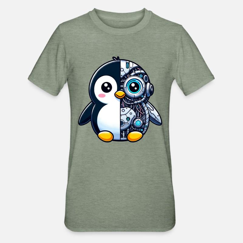 Mignon pingouin cyborg robot - T-shirt polycoton Unisexe - vert kaki chiné