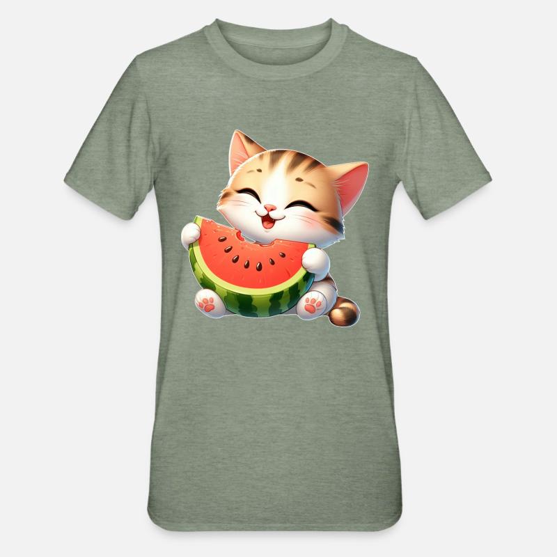 Melon Chat Pastèque Drôle Fruité - T-shirt polycoton Unisexe - vert kaki chiné