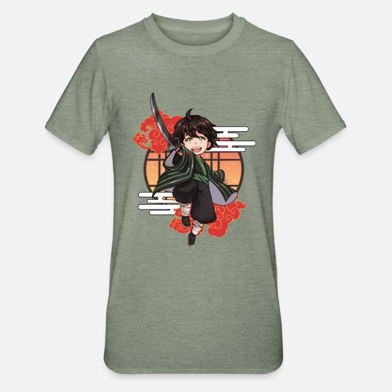 Garçon samouraï chibi avec katana - T-shirt polycoton Unisexe - vert kaki chiné