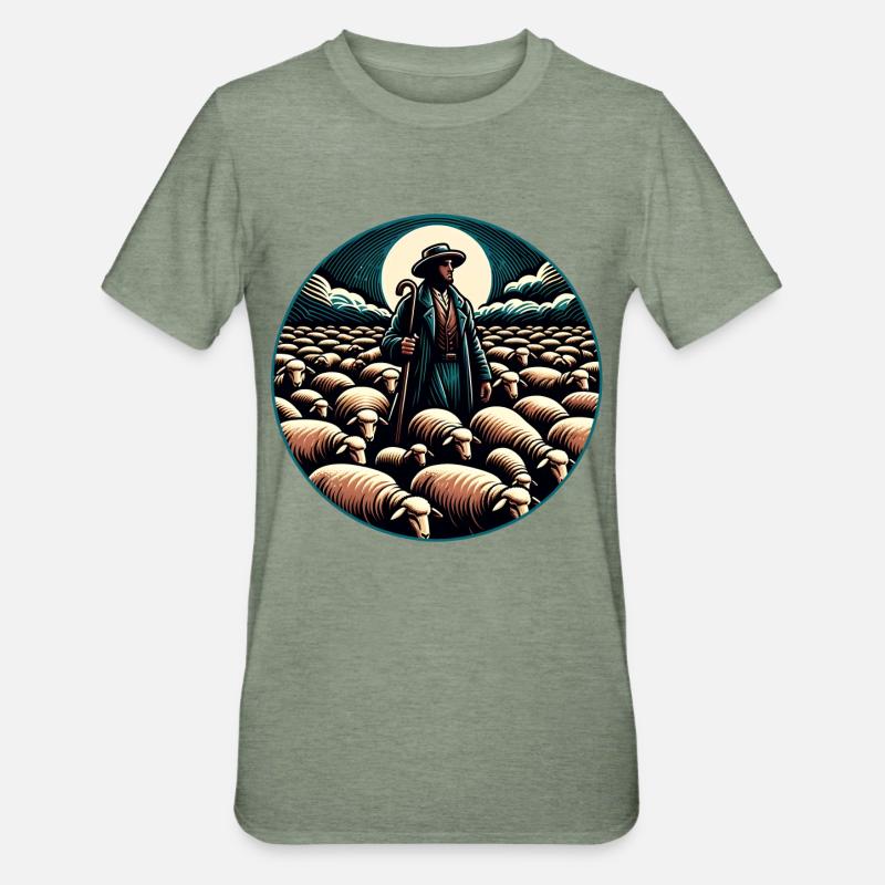Schäfer und Schafherde - Unisex Polycotton T-Shirt - Militärgrün meliert