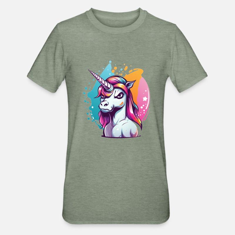 Grumpy Einhorn - Unisex Polycotton T-Shirt - Militärgrün meliert