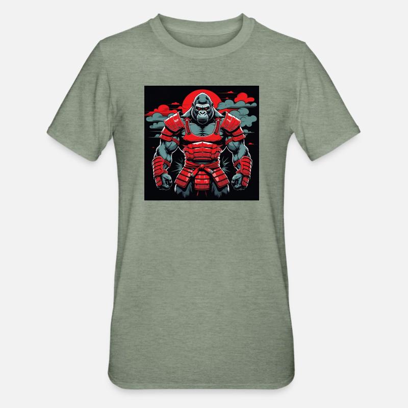 Primal Ronin – Der Samurai-Gorilla - Unisex Polycotton T-Shirt - Militärgrün meliert
