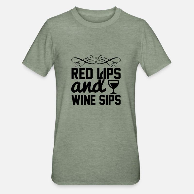 Red Lips and Wine Sips - Unisex Polycotton T-Shirt - heather military green