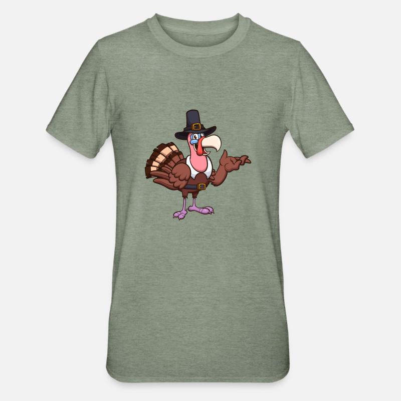 Mignon dessin animé Thanksgiving dinde - T-shirt polycoton Unisexe - vert kaki chiné