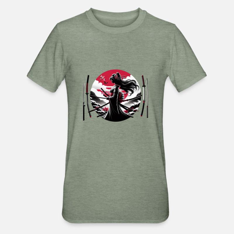 Samurai Mädchen Katana - Unisex Polycotton T-Shirt - Militärgrün meliert