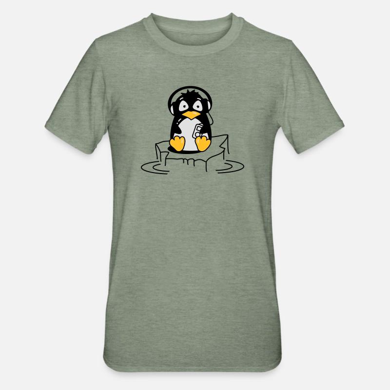 Cooler Pinguin mit Kopfhörern auf Eis - Unisex Polycotton T-Shirt - Militärgrün meliert