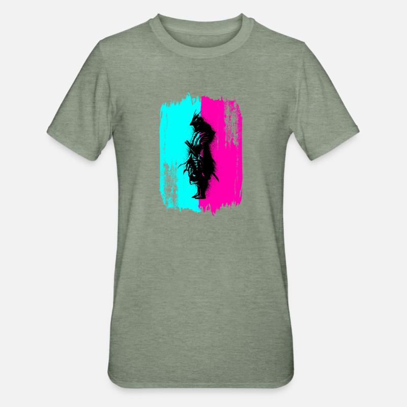 Black Samurai In A Turquoise And Pink Frame - Unisex Polycotton T-Shirt - heather military green