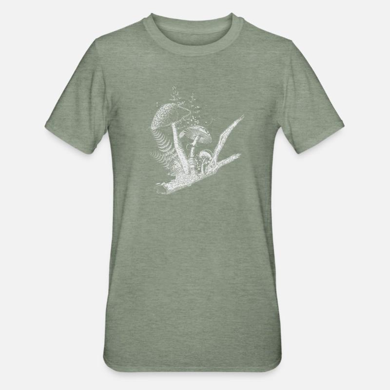 composition dessinée champignons forestiers, graminées et branches - T-shirt polycoton Unisexe - vert kaki chiné