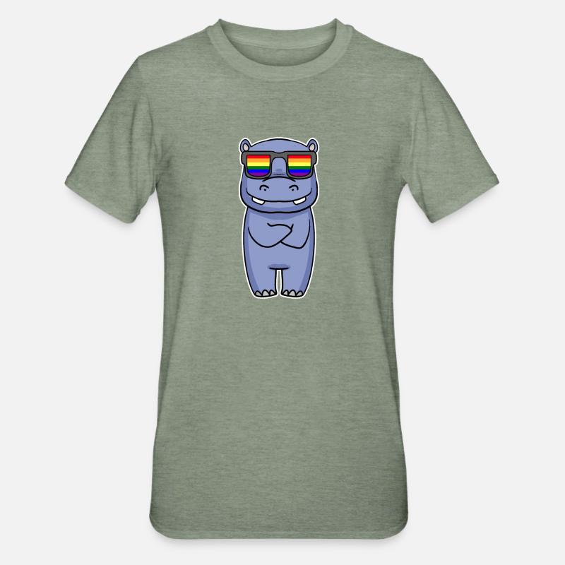 Regenbogen - Nilpferd mit Brille - Unisex Polycotton T-Shirt - Militärgrün meliert