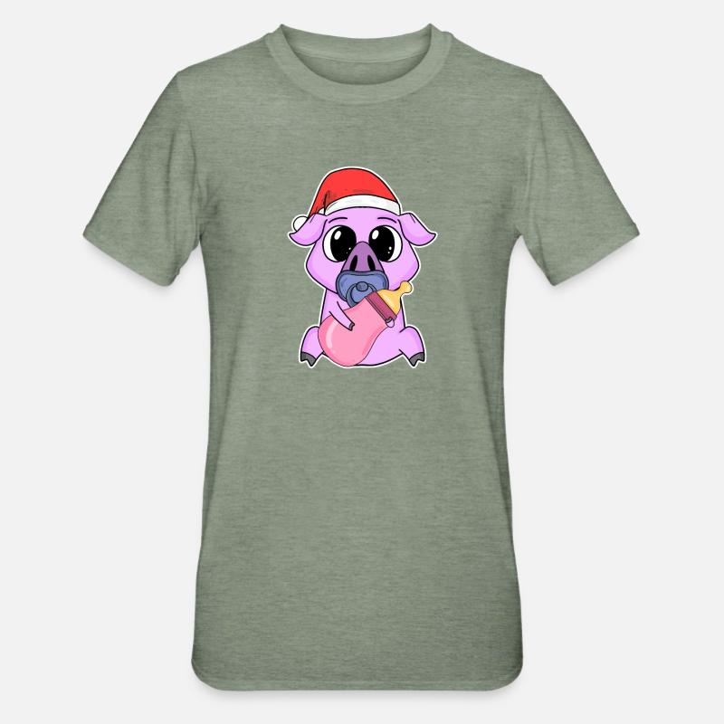 Cochon bébé Noël - T-shirt polycoton Unisexe - vert kaki chiné