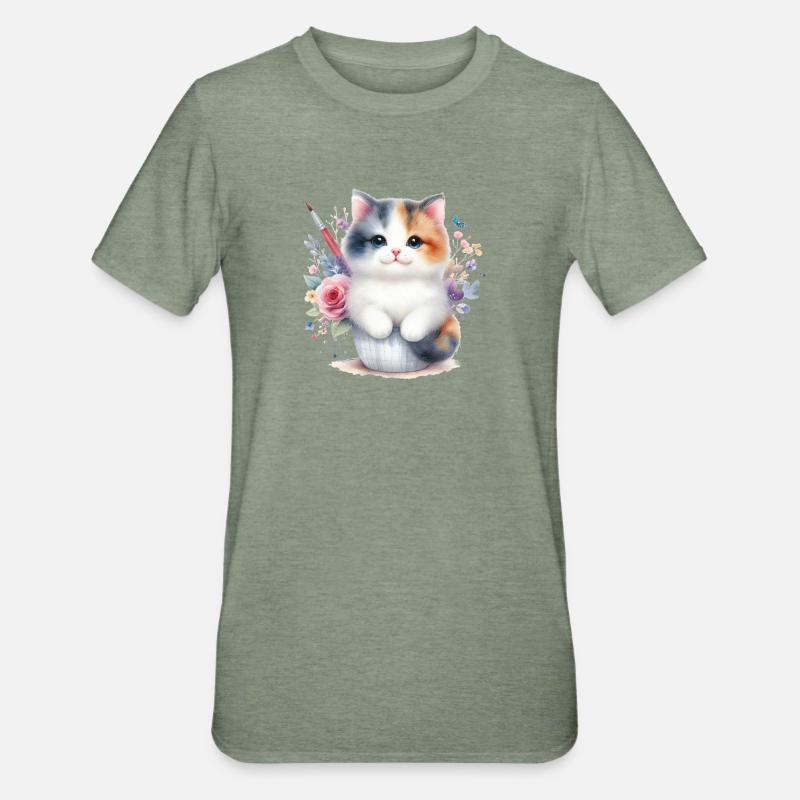 Chat mignon - T-shirt polycoton Unisexe - vert kaki chiné
