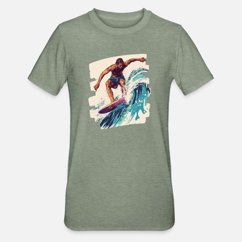 Surfeur Surf Planche de surf Surf - T-shirt polycoton Unisexe - vert kaki chiné