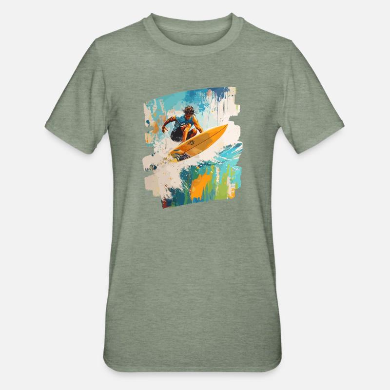 Surfeur Surf Planche de surf Surf - T-shirt polycoton Unisexe - vert kaki chiné