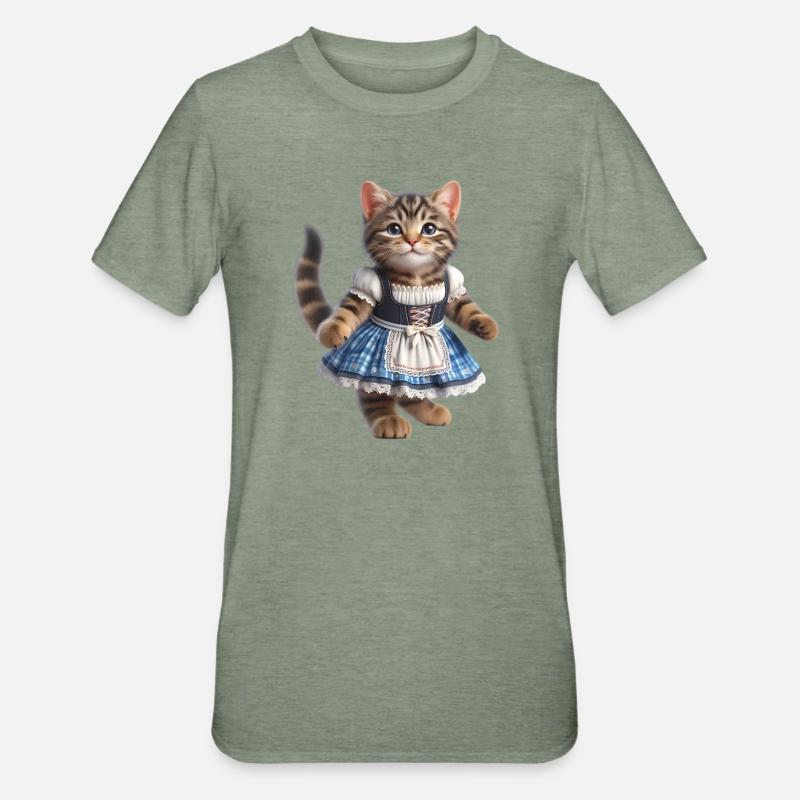 Mignon petit chat en dirndl - T-shirt polycoton Unisexe - vert kaki chiné