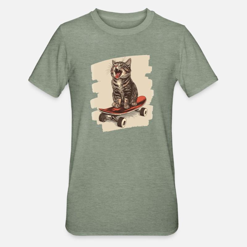 Chat de planche à roulettes - T-shirt polycoton Unisexe - vert kaki chiné