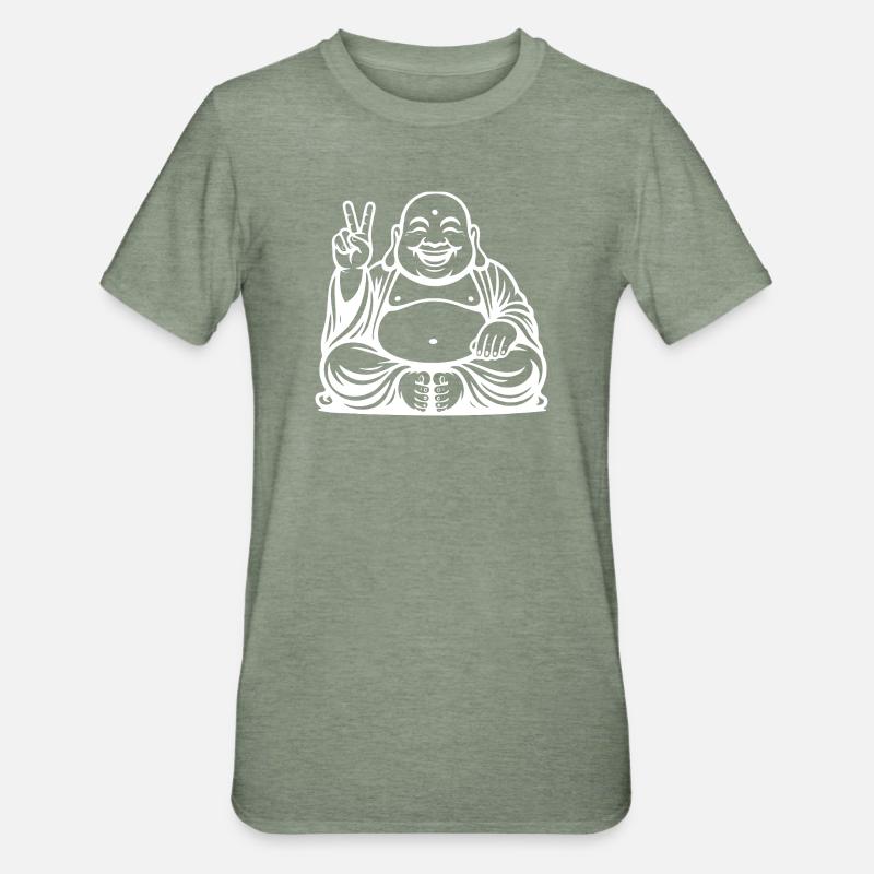 Conception de Bouddha riant joyeux - T-shirt polycoton Unisexe - vert kaki chiné