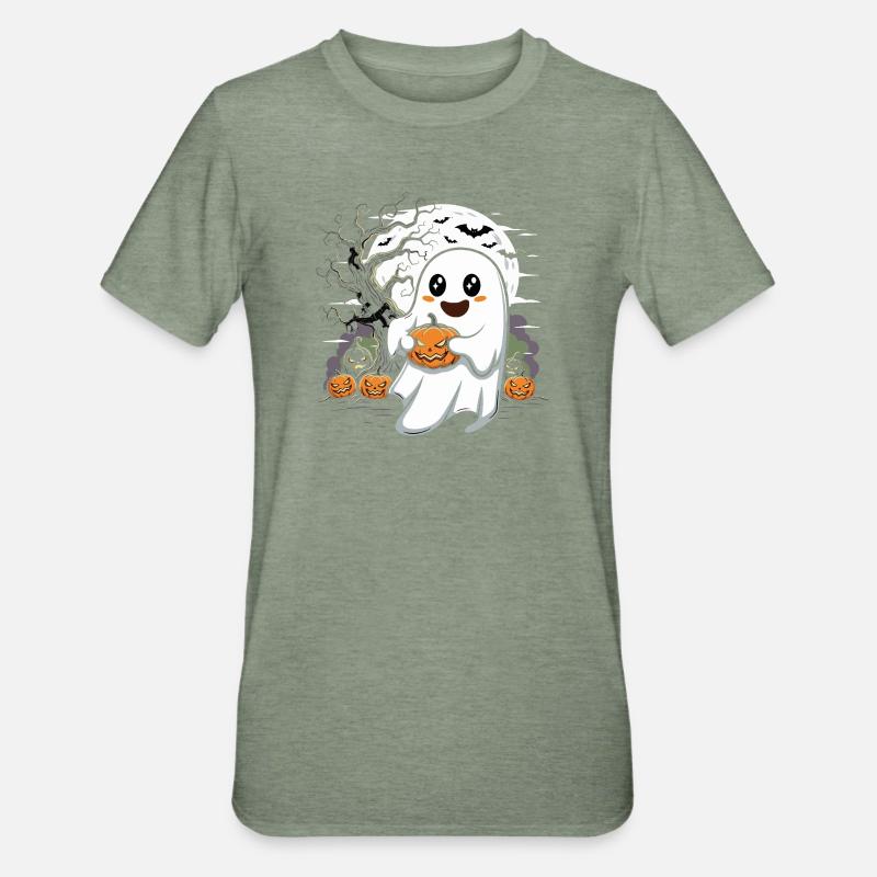 Cute Ghost with Jack-O-Lantern - Unisex Polycotton T-Shirt - heather military green