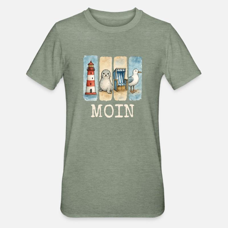 Moin Leuchtturm Robbe Strandkorb Möwe Küste - Unisex Polycotton T-Shirt - Militärgrün meliert