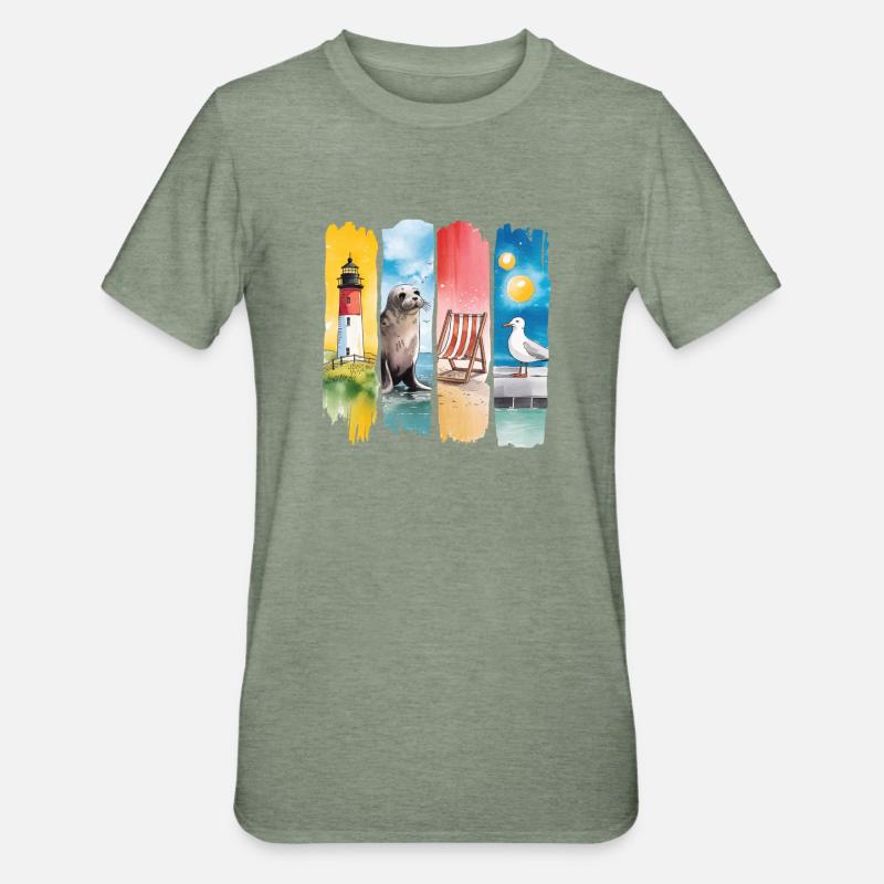 Maritim Leuchtturm Robbe Möwe Küste - Unisex Polycotton T-Shirt - Militärgrün meliert