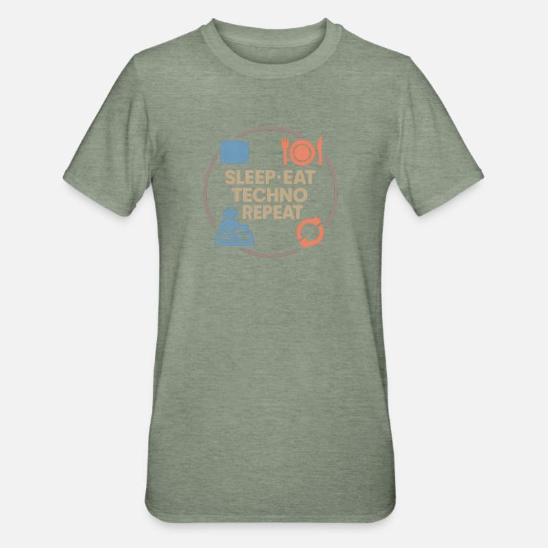 Humour techno – Sommeil · Manger · Techno · Répéter - T-shirt polycoton Unisexe - vert kaki chiné