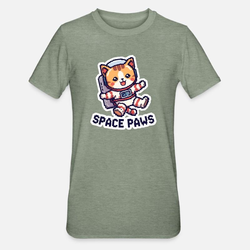 Space Paws – Chat pixel dans l’espace - T-shirt polycoton Unisexe - vert kaki chiné