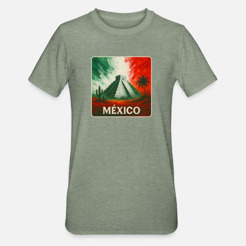Conception des pyramides du Mexique - T-shirt polycoton Unisexe - vert kaki chiné