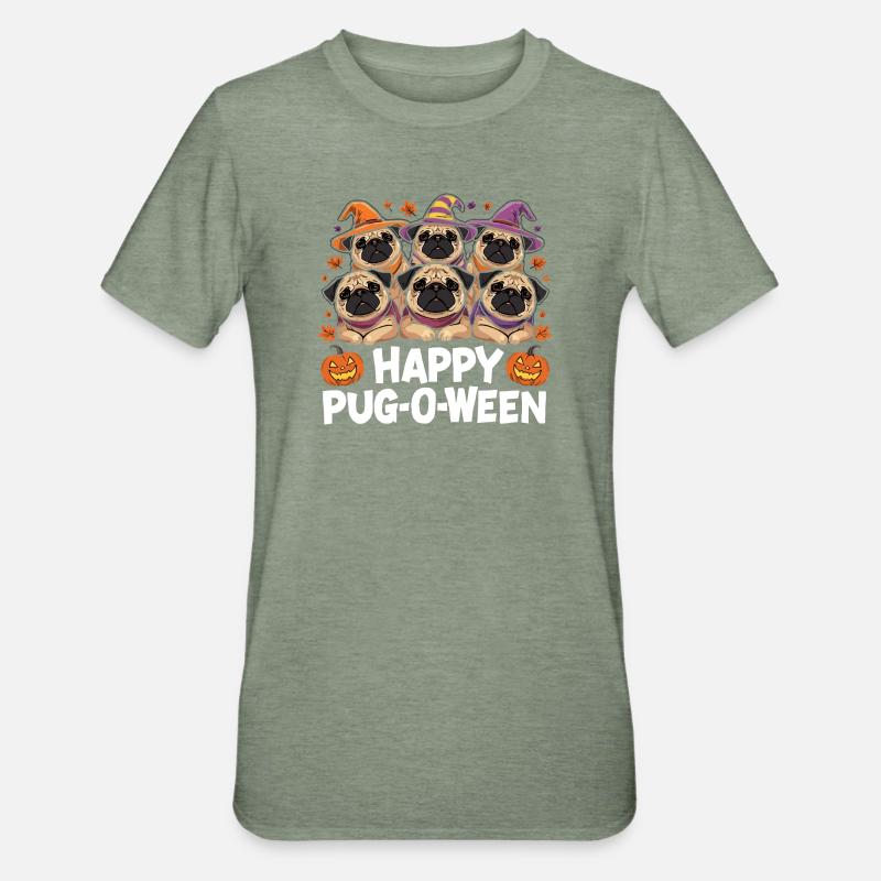 Mops-O-Ween Hexenhut Möpse - Unisex Polycotton T-Shirt - Militärgrün meliert