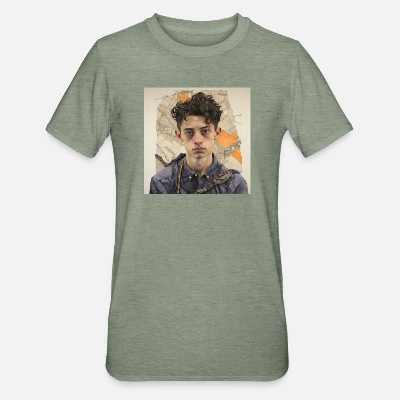 Portrait de cheveux ébouriffés en patchwork - T-shirt polycoton Unisexe - vert kaki chiné