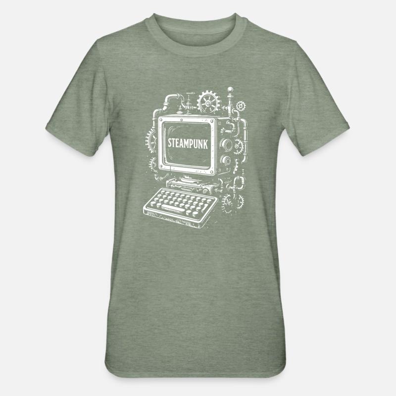 Steampunk Computer Gearwork - Unisex Polycotton T-Shirt - heather military green