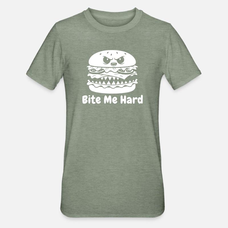 Wütender Hamburger Bite Design - Unisex Polycotton T-Shirt - Militärgrün meliert