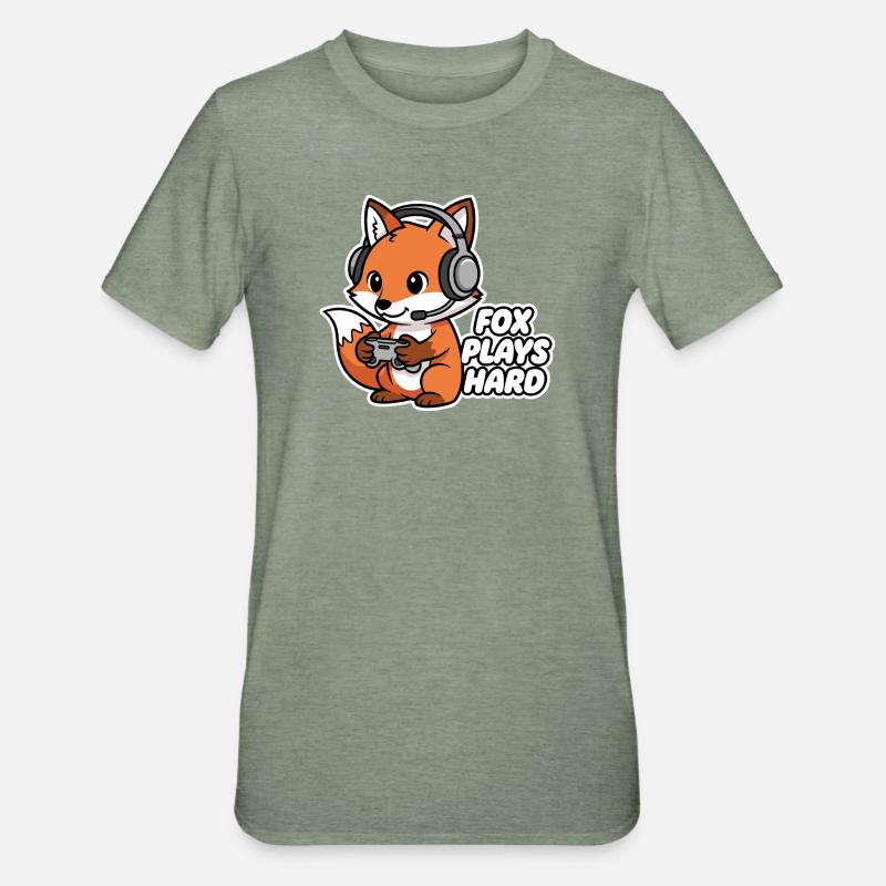 Fuchs mit Headset Spielheld - Unisex Polycotton T-Shirt - Militärgrün meliert