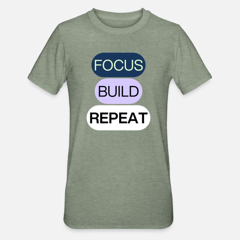 Focus, Build, Repeat – Creator Mindset - Unisex Polycotton T-Shirt - Militärgrün meliert