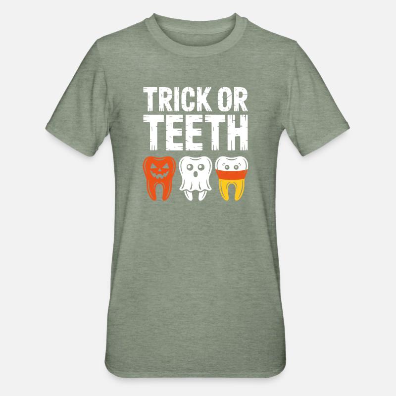 Trick oder Teeth Halloween-Trio - Unisex Polycotton T-Shirt - Militärgrün meliert