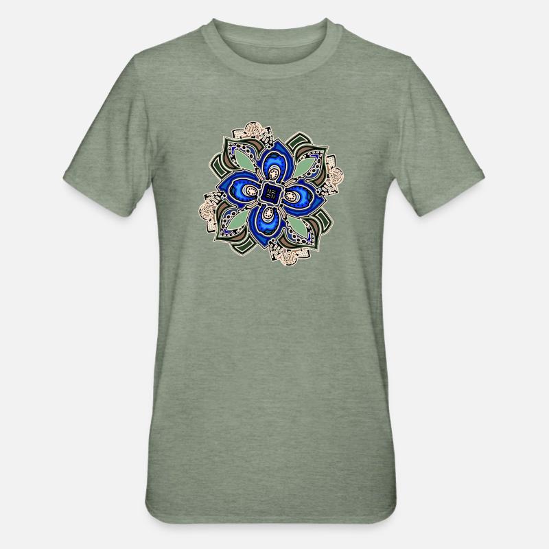 Fleur de mandala extravagante sarcelle - T-shirt polycoton Unisexe - vert kaki chiné