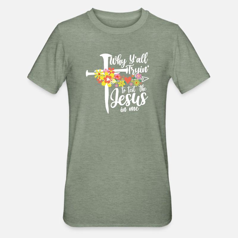 Croix de fleurs : Jésus en moi - T-shirt polycoton Unisexe - vert kaki chiné