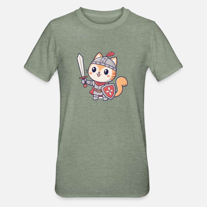 Chat Chevalier Épée et Bouclier - T-shirt polycoton Unisexe - vert kaki chiné